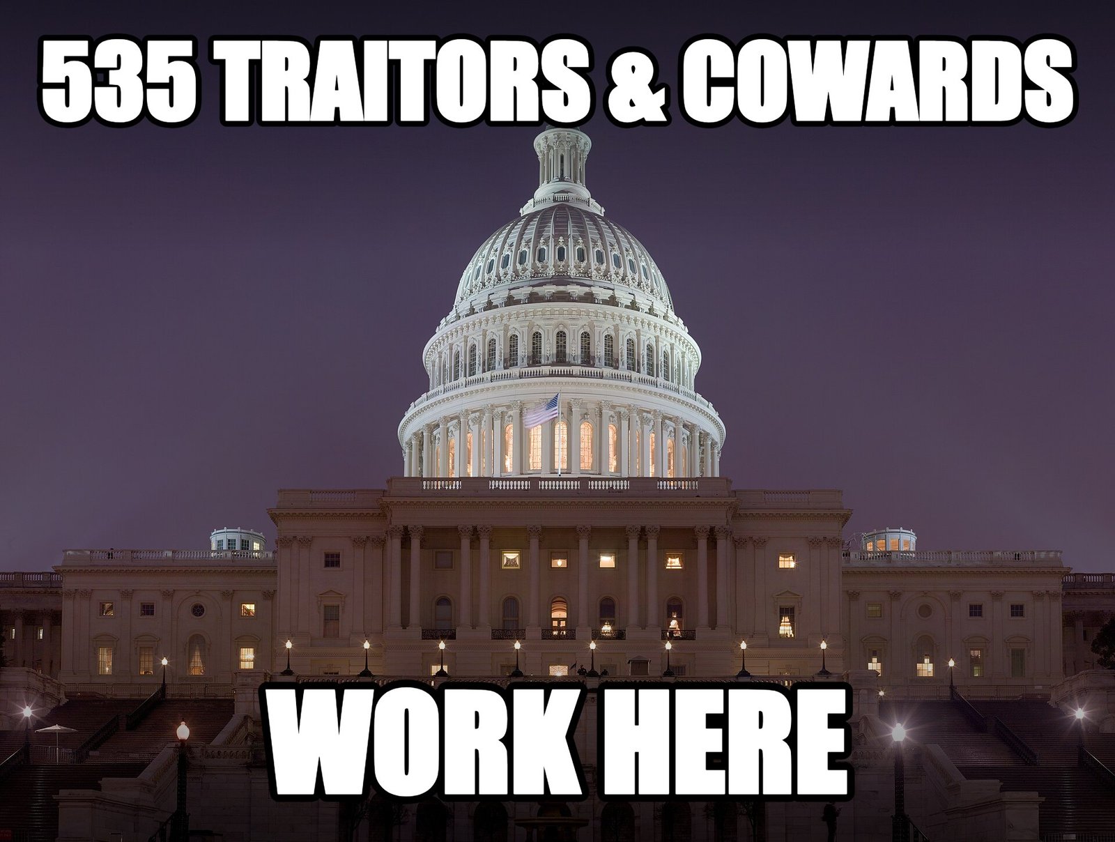 The U.S. Capitol at night with the caption: 535 Traitors & Cowards Work Here